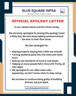 We’re a little late to the apology trend… because we were busy helping someone unlock the door to their first home. 

Sorry for making property buying too smooth, setting new trust standards, and caring a bit too much even after the deal’s done. ❤️

We’ll stay guilty of building dreams, not just deals.

Blue Square Infra — Building trust in real estate

#bluesquareinfra #tricityrealestate #zirakpurproperty #mohalirealestate #chandigarhhomes #propertyinvestment #homebuyingjourney #trustedrealtors #buildingdreams