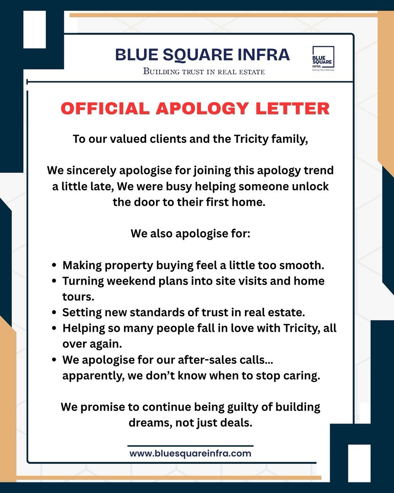 We’re a little late to the apology trend… because we were busy helping someone unlock the door to their first home. 

Sorry for making property buying too smooth, setting new trust standards, and caring a bit too much even after the deal’s done. ❤️

We’ll stay guilty of building dreams, not just deals.

Blue Square Infra — Building trust in real estate

#bluesquareinfra #tricityrealestate #zirakpurproperty #mohalirealestate #chandigarhhomes #propertyinvestment #homebuyingjourney #trustedrealtors #buildingdreams