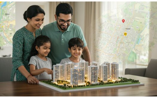 Indian family looking at a modern apartment model with Chandigarh map in the background, symbolizing real estate investment and homeownership in Tricity 2025