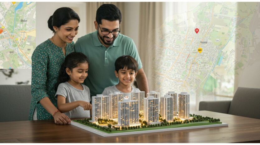 Indian family looking at a modern apartment model with Chandigarh map in the background, symbolizing real estate investment and homeownership in Tricity 2025