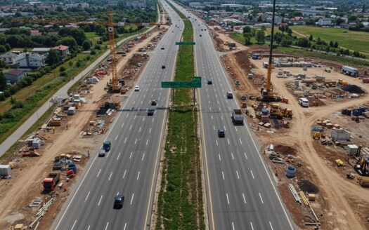 Aerial view of the Zirakpur Bypass under construction showing a modern six-lane highway with cranes, asphalt work, and surrounding urban areas.