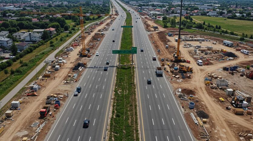 Aerial view of the Zirakpur Bypass under construction showing a modern six-lane highway with cranes, asphalt work, and surrounding urban areas.