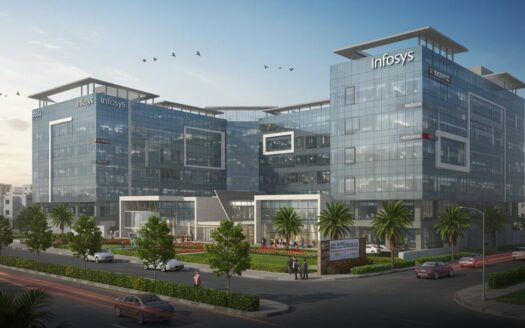 Infosys Mohali campus expansion with modern IT offices and nearby residential apartments, symbolizing rising real estate opportunities in Chandigarh Tricity.