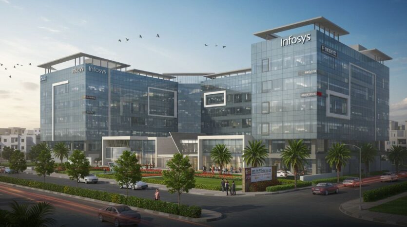 Infosys Mohali campus expansion with modern IT offices and nearby residential apartments, symbolizing rising real estate opportunities in Chandigarh Tricity.
